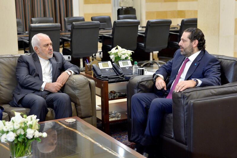 Lebanese Prime Minister Saad Hariri meets with Iranian Foreign Minister Mohammad Javad Zarif at the Government Palace in downtown Beirut, Lebanon. EPA