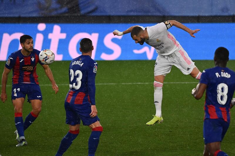 Karim Benzema scores Real Madrid's first goal against Eibar. AFP