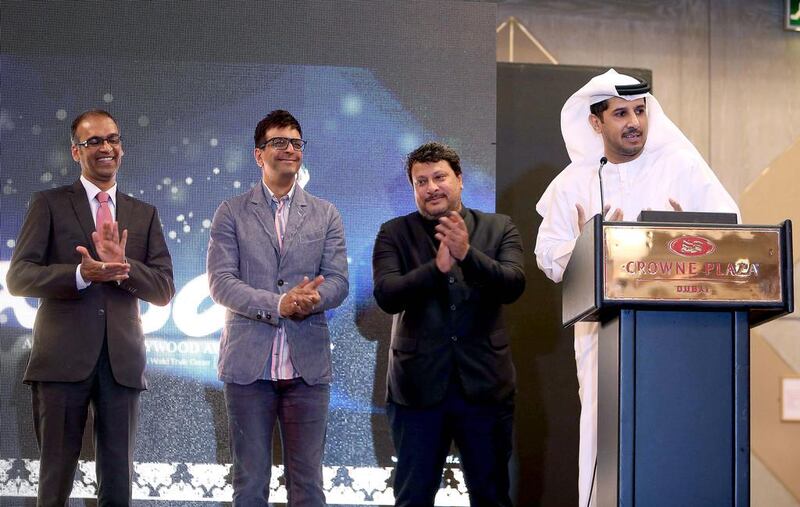 From left, AIBA jury members, TV show host Komal Nahta and actor Javed Jaffrey, with filmmaker and jury chairman Tigmanshu Dhulia and Abdullatif Al Sayegh, AIBA chairman. Pawan Singh / The National 