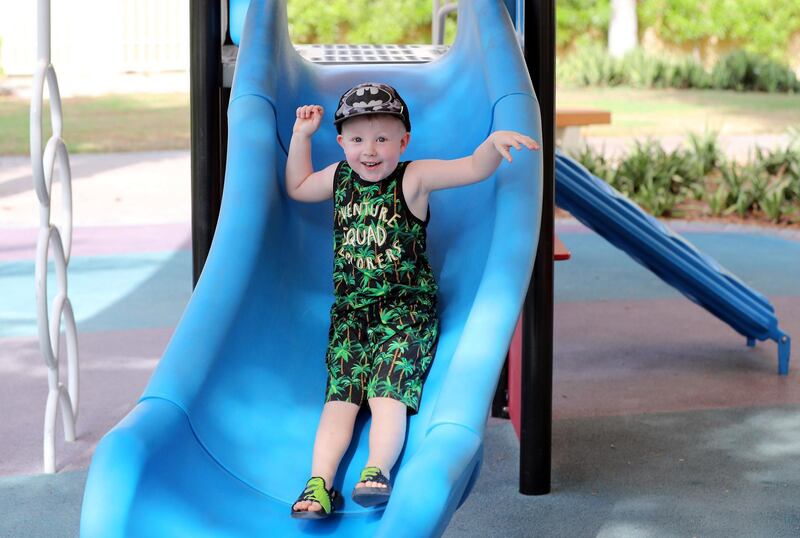 Dubai, United Arab Emirates - Reporter: N/A. News. William plays in the park as children's play areas start to open around Dubai. Wednesday, June 24th, 2020. Dubai. Chris Whiteoak / The National