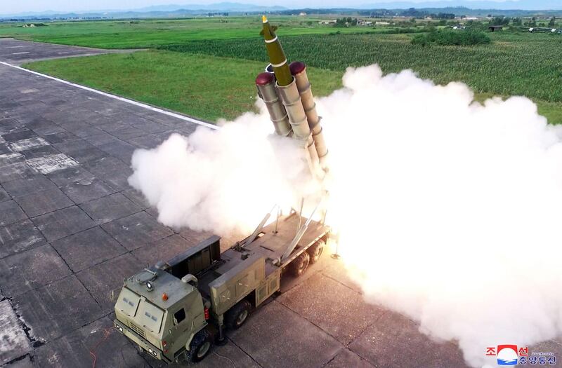 This picture taken on August 24, 2019 and released on August 25 by North Korea's official Korean Central News Agency (KCNA) shows the test-firing of a 'newly developed super-large multiple rocket launcher', at an undisclosed location. North Korean leader Kim Jong Un again supervised the test-firing of a "newly developed" weapon, state media reported on August 25 -- further muddying the waters for any resumption of denuclearisation talks. -  - South Korea OUT / ---EDITORS NOTE--- RESTRICTED TO EDITORIAL USE - MANDATORY CREDIT "AFP PHOTO/KCNA VIA KNS" - NO MARKETING NO ADVERTISING CAMPAIGNS - DISTRIBUTED AS A SERVICE TO CLIENTS / THIS PICTURE WAS MADE AVAILABLE BY A THIRD PARTY. AFP CAN NOT INDEPENDENTLY VERIFY THE AUTHENTICITY, LOCATION, DATE AND CONTENT OF THIS IMAGE ---
 / AFP / KCNA VIA KNS / KCNA VA KNS / ---EDITORS NOTE--- RESTRICTED TO EDITORIAL USE - MANDATORY CREDIT "AFP PHOTO/KCNA VIA KNS" - NO MARKETING NO ADVERTISING CAMPAIGNS - DISTRIBUTED AS A SERVICE TO CLIENTS / THIS PICTURE WAS MADE AVAILABLE BY A THIRD PARTY. AFP CAN NOT INDEPENDENTLY VERIFY THE AUTHENTICITY, LOCATION, DATE AND CONTENT OF THIS IMAGE ---
