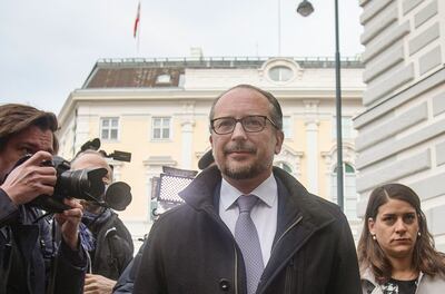 Austria's Foreign Minister Alexander Schallenberg arrives to meet the country's President at Ballhausplatz in Vienna. AFP 