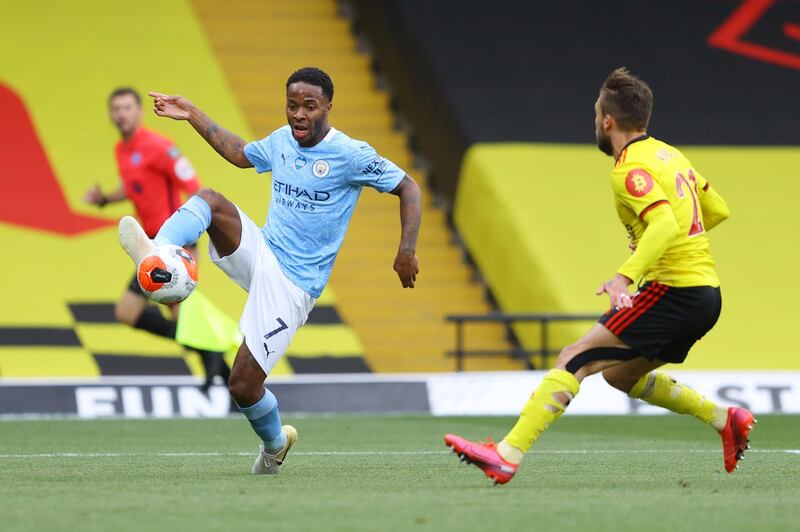 Raheem Sterling of Manchester City controls the ball at Vicarage Road. Getty