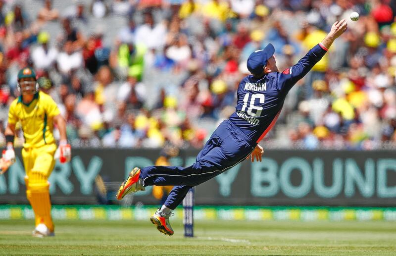 Eoin Morgan of England drops a catch from David Warner of Australia during the first match of the One Day International Series between Australia and England at the Melbourne Cricket Ground, Australia.  Scott Barbour / Getty Images