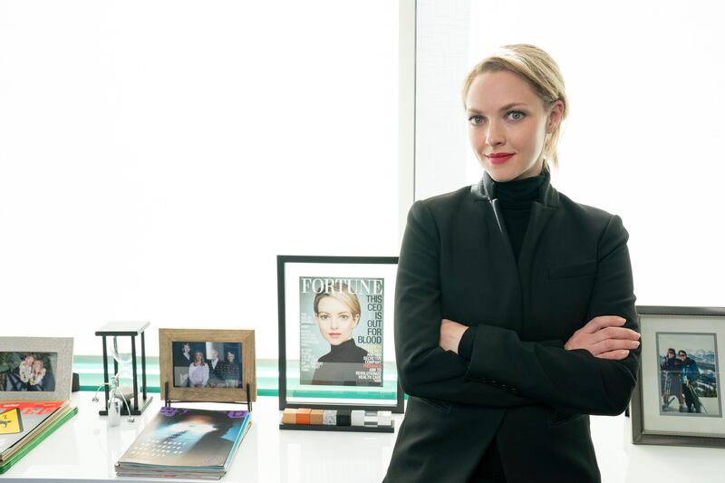 This image released by Hulu shows Amanda Seyfried as Elizabeth Holmes in the Hulu series 'The Dropout', premiering March 3. Hulu via AP
