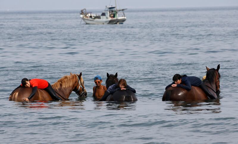 Horses wade through the sea at Miura beach, south of Tokyo. Shizuo Kambayashi / AP Photo