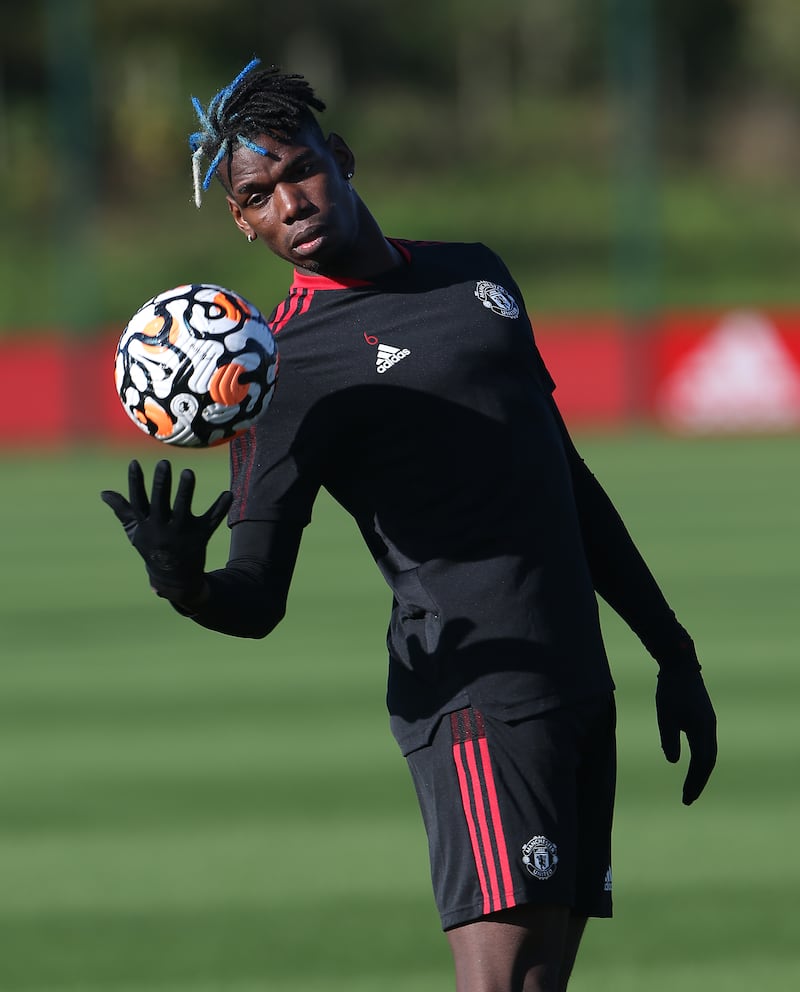 Paul Pogba of Manchester United in action during a first team training session at Carrington Training Ground.