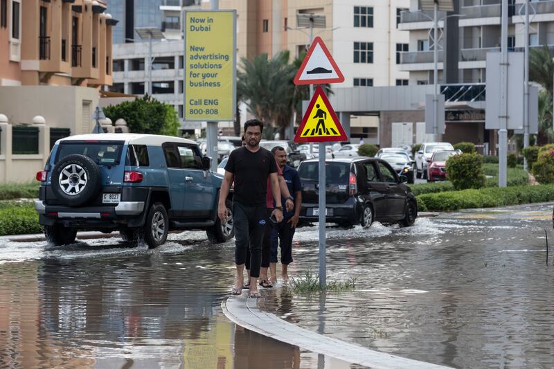 Flooded roads in Dubai after heavy rain lashed the emirate on April 16. The National Centre of Meteorology said more rain is expected in most regions in the UAE on Wednesday and Thursday. Antonie Robertson / The National