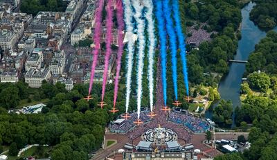 The Red Arrows make a flypast after the Trooping the Color ceremony in London to mark Queen Elizabeth II's Platinum Jubilee. AP 