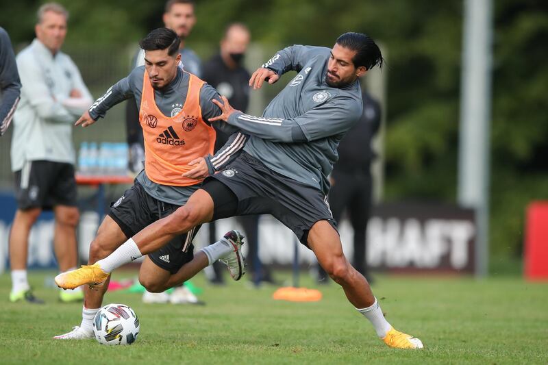 Emre Can  tackles Suat Serdar during a training session at ADM-Sportpark ahead of Germany's Uefa Nations League group stage match against Spain. Getty Images