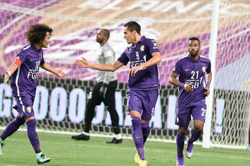 Al AIn's Douglas celebrates a goal with teammate Omar Abdulrahman during an Arabian Gulf League match against Al Jazira earlier this month. Photo Courtesy / Arshad Khan Aboobaker / AGL