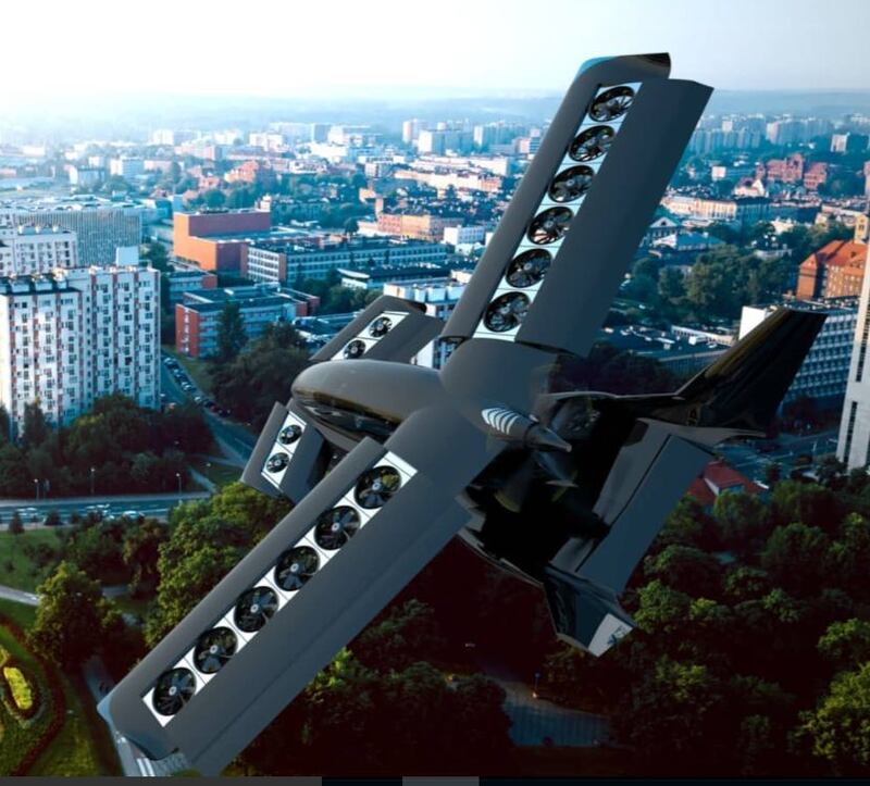A rendering of the Cavorite 5 in full flight over a city. Courtesy: Horizon Aircraft