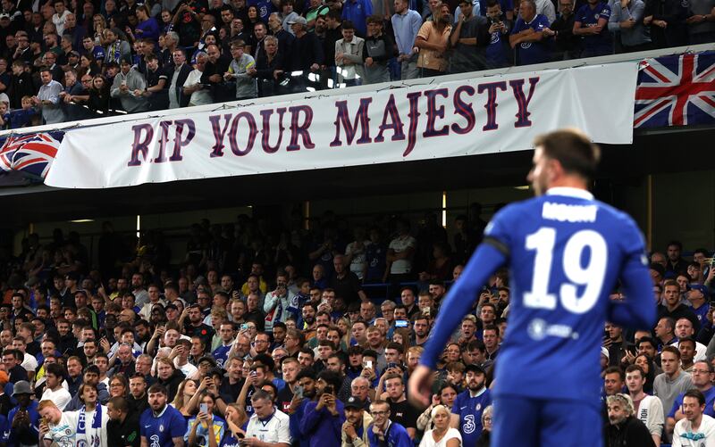 A banner in the stands at Stamford Bridge following the death of Queen Elizabeth II. Reuters