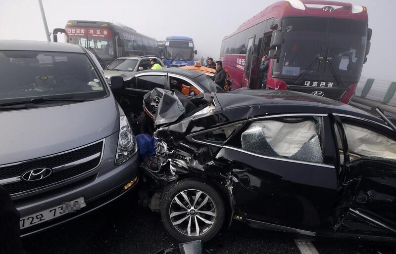 “I slowed down but still rammed into the cars piled up in front of me,” he said. Suh Myung-gon / Yonhap / AP Photo