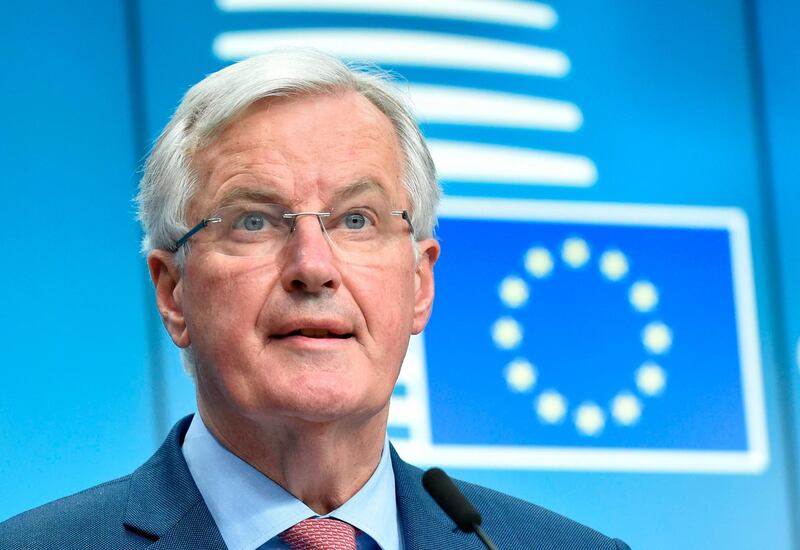 European Union Chief Negotiator in charge of Brexit negotiations, Michel Barnier gives a joint press after a General affairs council debate on the article 50 concerning Brexit in Brussels, at the EU headquarters in Brussels on January 29, 2018.  
Britain must accept all EU laws during a post-Brexit transition period, including those made after it leaves, European Union negotiator Michel Barnier said on January 29, 2018. / AFP PHOTO / JOHN THYS