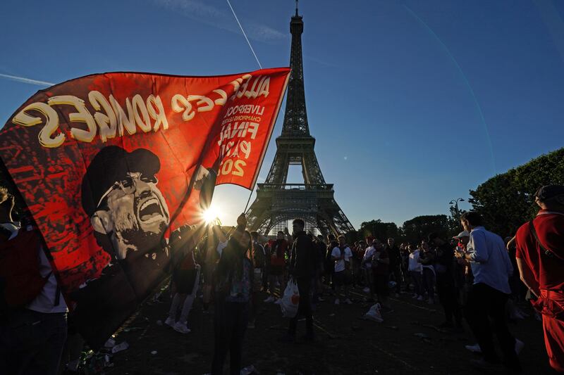 Liverpool fans near the Eiffel Tower in Paris. PA