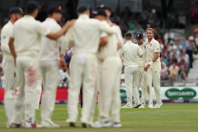 Cricket - England v Pakistan - Second Test - Emerald Headingley Stadium, Leeds, Britain - June 3, 2018     England's Stuart broad, James Anderson and team mates celebrate the fall of Pakistan's final wicket    Action Images via Reuters/Lee Smith