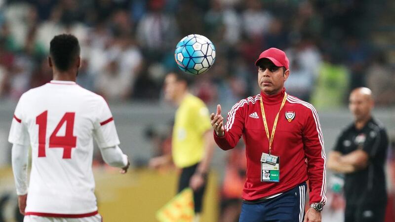 Former UAE manager Ali Mahdi, right, is shown ahead of the side's 2018 Fifa World Cup qualifier against Iraq at Mohammed bin Zayed Stadium in Abu Dhabi on November 15, 2016. The Emirati on Sunday was installed as Cosmin Olaroiu's replacement as manager of AGL club Shabab Al Ahli Dubai. Christopher Pike / The National
