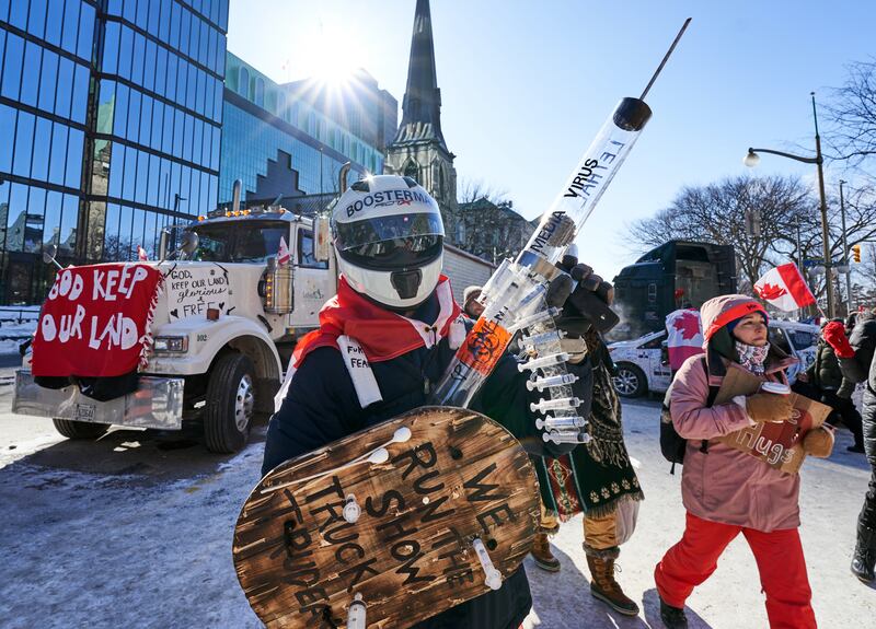 Protests continue in Ottawa, against the vaccine mandate by the Canadian government, 13 February. EPA