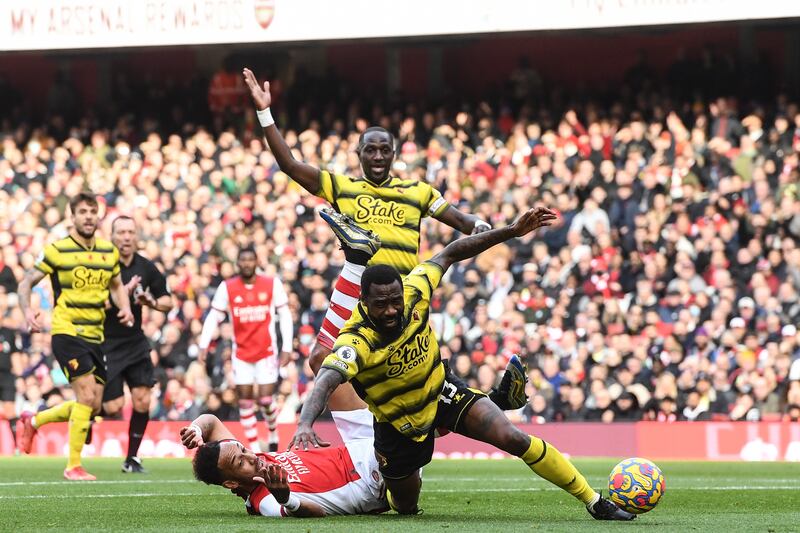 Nicolas Nkoulou, 5 - One of five Watford players recalled to the starting XI. Was tasked with managing the power of Lacazette and the energy of Saka and struggled to do so on only his second start of the campaign. EPA