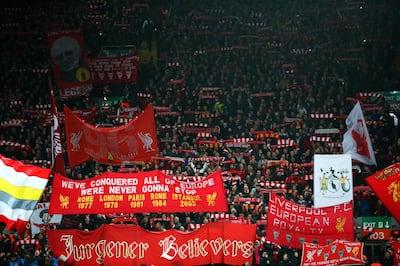 LIVERPOOL, ENGLAND - FEBRUARY 19:  Liverpool fans show their support prior to the UEFA Champions League Round of 16 First Leg match between Liverpool and FC Bayern Muenchen at Anfield on February 19, 2019 in Liverpool, England. (Photo by Clive Brunskill/Getty Images)