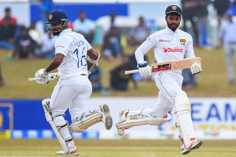 Sri Lanka's Dhananjaya de Silva and captain Dimuth Karunaratne, left, put the hosts in control of the second Test. AFP