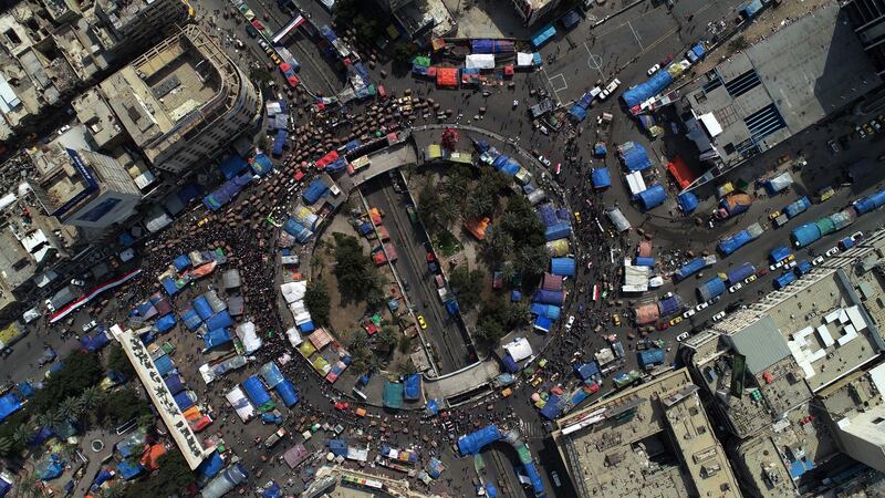 epa08262880 An aerial picture taken by a drone shows Iraqi protesters at the Al-Tahrir square in central Baghdad, Iraq, 01 March 2020. Thousands of Iraqis continue their protests in Baghdad and southern Iraqi cities against the appointment of Mohammed Tawfiq Allawi as prime minister-designate, while the Iraqi parliament failed to give confidence again on 01 March 2020 to the cabinet proposed by Allawi because of a lack of quorum.  EPA-EFE/MURTAJA LATEEF