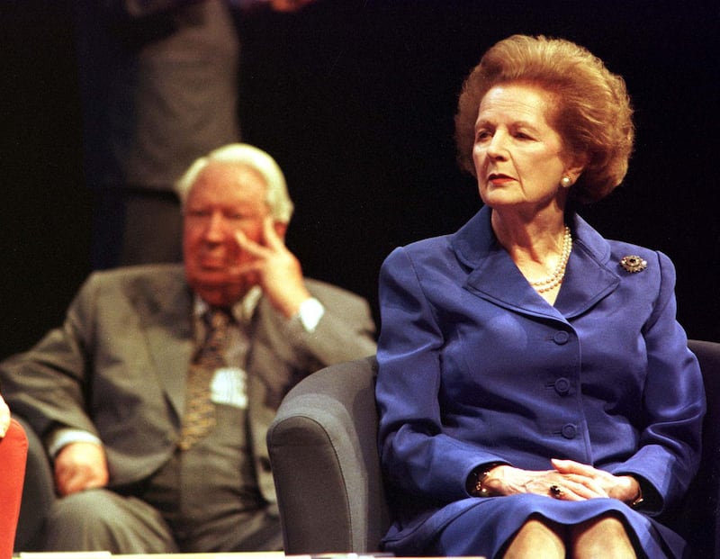 Former Conservative Prime Ministers Sir Edward Heath and Baroness Thatcher listen to the debate at the Conservative Party Conference annual conference in Bournemouth. 24/10/00: Heath announced that he is to retire from Parliament at the next general election.  * after more than 50 years as an MP. As the Father of the House - its longest serving Member - Sir Edward conducted, the arduous procedure to elect the new Speaker. Despite his age, Sir Edward is a regular attender at the Commons, an occasional speaker - always without notes and invariably witty - and never misses an opportunity to proclaim his pro-European views.   *25/10/00 Sir Edward Heath will be remembered as the one-term Prime Minister who found it hard to forgive Margaret Thatcher for ousting him from the Tory leadership. But his crowning achievement, taking Britain into the Common Market, is likely to provide the longer lasting legacy. The bitterness over his loss of the leadership was deep, reflected in almost ceaseless and sometimes savage attacks on her policies while she was in power.   (Photo by Stefan Rousseau - PA Images/PA Images via Getty Images)