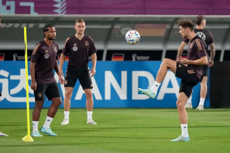 Leon Goretzka, Serge Gnabry and Joshua Kimmich during a training session at Al Shamal Stadium. AP