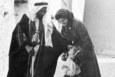 Sheikh Shakhbut with Susan Hillyard and her daughter Deborah in Abu Dhabi in the winter of 1957. Photo: Susan Hillyard