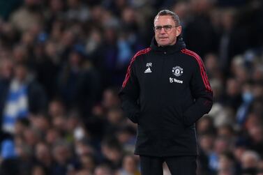 MANCHESTER, ENGLAND - MARCH 06: Ralf Rangnick, Manager of Manchester United looks on during the Premier League match between Manchester City and Manchester United at Etihad Stadium on March 06, 2022 in Manchester, England. (Photo by Laurence Griffiths / Getty Images)