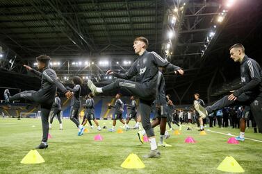 Manchester United players train at the Astana Arena on Wednesday. Reuters