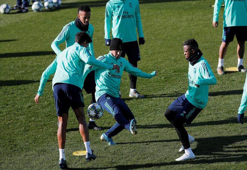 Real Madrid's Eden Hazard, Vinicius Junior and teammates during training. Reuters