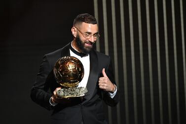 PARIS, FRANCE - OCTOBER 17: Karim Benzema receives the Ballon d'Or award during the Ballon D'Or ceremony at Theatre Du Chatelet In Paris on October 17, 2022 in Paris, France. (Photo by Aurelien Meunier / Getty Images)