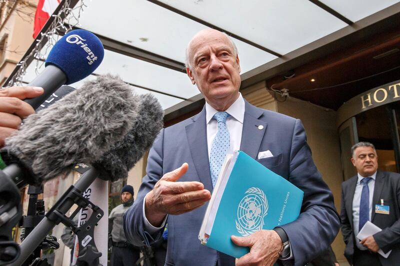 epaselect epa06355387 UN Special Envoy of the Secretary-General for Syria Staffan de Mistura briefs the media after his meeting with head of the Syrian Negotiation Commission, SNC, during the Intra Syria talks, in Geneva, Switzerland, 28 November 2017.  EPA/SALVATORE DI NOLFI