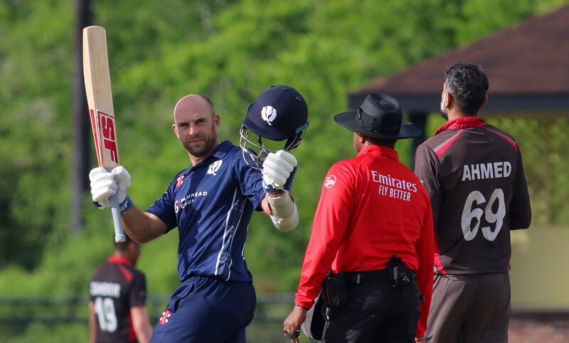 Kyle Coetzer celebrates after reaching his century for Scotland against UAE in Cricket World Cup League 2 in Texas. Photo: USA Cricket