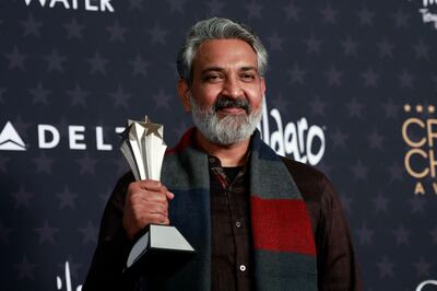 S S Rajamouli with the award for Best Foreign Language Film for RRR at the Critics Choice Awards. AFP