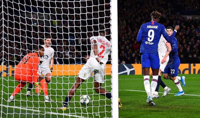 Chelsea's Tammy Abraham scores their first goal in a 2-1 win against Lille. AFP