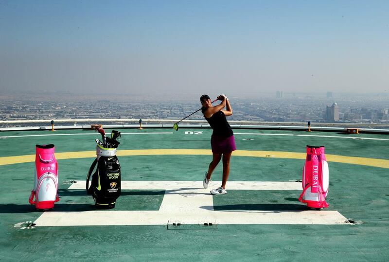 Cheyenne Woods spent time at the helipad on top of the Burj Al Arab Hotel after her second round of the Omega Dubai Ladies Masters on the Majlis Course at the Emirates Golf Club. Warren Little / Getty Images