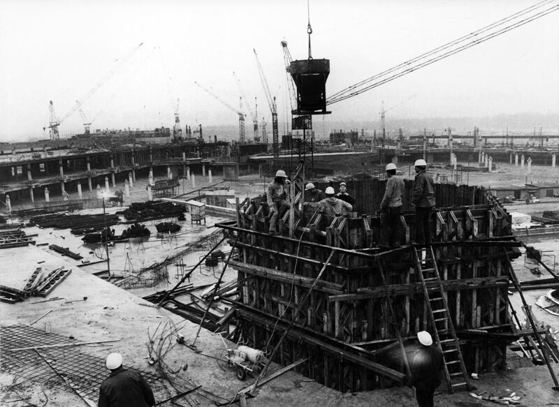 Workers expand Airport Berlin-Tegel on the 9th of January in 1972.
The new terminal building was inaugurated on the 23rd of October in 1974. 
During the time of the seperation of Germany, only airlines of the western Allied forces were allowed to fly from and to Berlin. | usage worldwide (Photo by Konrad Giehr/picture alliance via Getty Images)