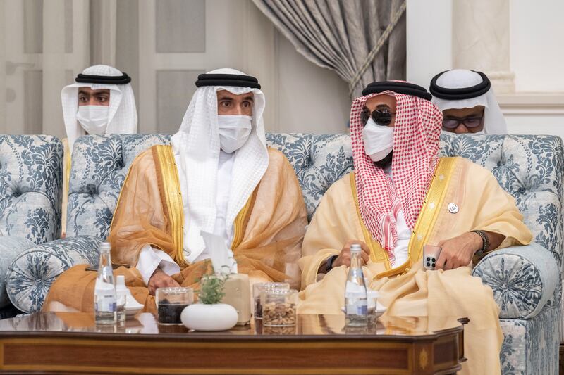 Sheikh Nahyan Bin Zayed, Chairman of the Board of Trustees of Zayed bin Sultan Al Nahyan Charitable and Humanitarian Foundation,left, and Sheikh Tahnoun bin Zayed, UAE National Security Adviser. Photo: Hamad Al Kaabi / Ministry of Presidential Affairs 