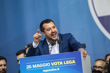 Matteo Salvini, Italy's deputy prime minister, speaks during a League Party campaign rally with European nationalists ahead of European Parliamentary elections, in Milan, Italy, on Saturday, May 18, 2019. Salvini wants to turn into a show of strength for Europe's army of nationalist leaders trying to upend the continent's politics. Photographer: Francesca Volpi/Bloomberg