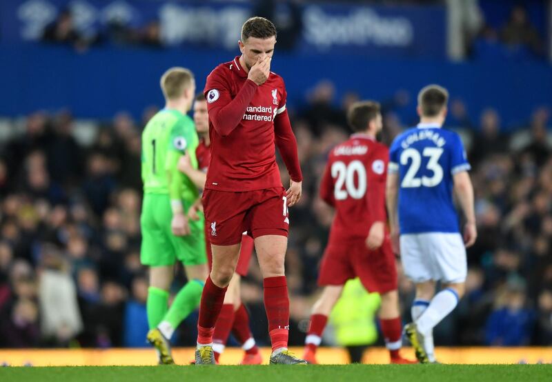 LIVERPOOL, ENGLAND - MARCH 03:  Jordan Henderson of Liverpool looks despondent after the Premier League match between Everton FC and Liverpool FC at Goodison Park on March 03, 2019 in Liverpool, United Kingdom. (Photo by Michael Regan/Getty Images)