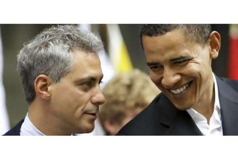 Rahm Emanuel, left, talks with Barack Obama in Chicago earlier this year.