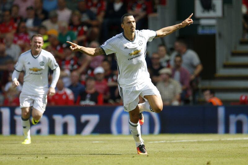 Manchester United’s Zlatan Ibrahimovic celebrates scoring their third goal against AFC Bournemouth at Vitality Stadium on August 14, 2016 in Bournemouth, England. Andrew Couldridge / Action Images / Reuters