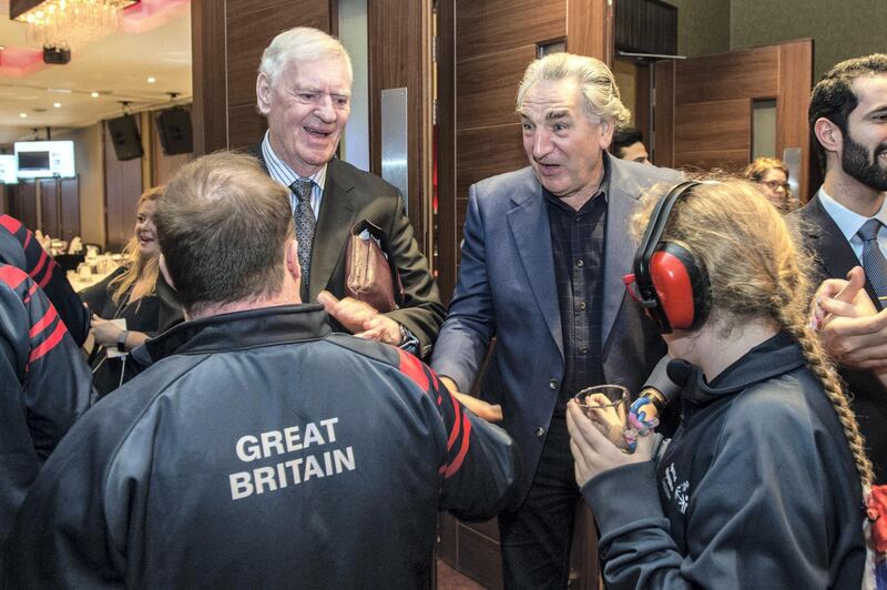 Image ©Licensed to i-Images Picture Agency. 07/03/2019. London, United Kingdom. Special Olympics World Summer Games Team SOGB Send-off Reception.

Actor Jim Carter OBE (Downton Abbey) (R) and Former Southampton manager Lawrie McMenemy (L) welcome competitors as they attend the Special Olympics World Summer Games Team SOGB Send-off Reception at the Holiday Inn hotel near London's High Street Kensington.

Picture by Pete Maclaine / i-Images