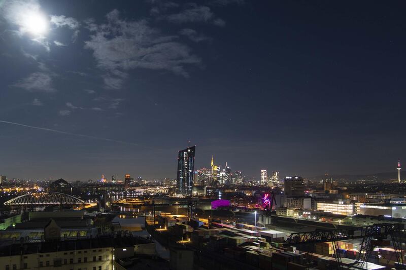 FRANKFURT AM MAIN, GERMANY - MARCH 21: Office buildings, including the corporate headquarters of the European Central Bank (ECB), Commerzbank and Deutsche Bank stand in the financial district in the city center lit by the full moon on March 21, 2019 in Frankfurt, Germany. Some finance-related companies have been moving offices from London to Frankfurt due to uncertainties over Brexit. (Photo by Thomas Lohnes/Getty Images)