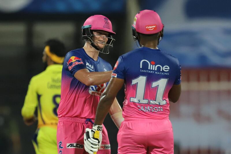 Steve Smith captain of Rajasthan Royals and Sanju Samson of Rajasthan Royals during match 4 of season 13 of the Dream 11 Indian Premier League (IPL) between Rajasthan Royals and Chennai Super Kings held at the Sharjah Cricket Stadium, Sharjah in the United Arab Emirates on the 22nd September 2020.
Photo by: Deepak Malik  / Sportzpics for BCCI