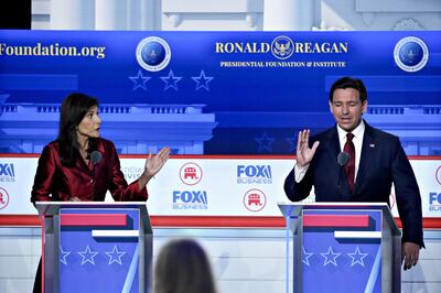 Nikki Haley and Ron DeSantis during the Republican primary presidential debate. Bloomberg