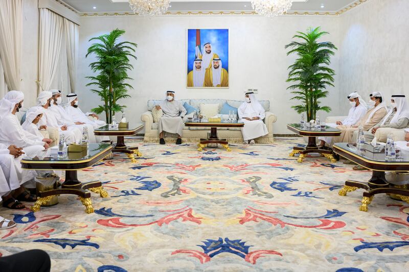 Sheikh Mohamed, fourth right, with Sheikh Nahyan bin Mubarak, Minister of Tolerance and Coexistence, right, Sheikh Mansour bin Zayed, Deputy Prime Minister and Minister of the Presidential Court, second right, and Sheikh Hazza bin Zayed, third right.